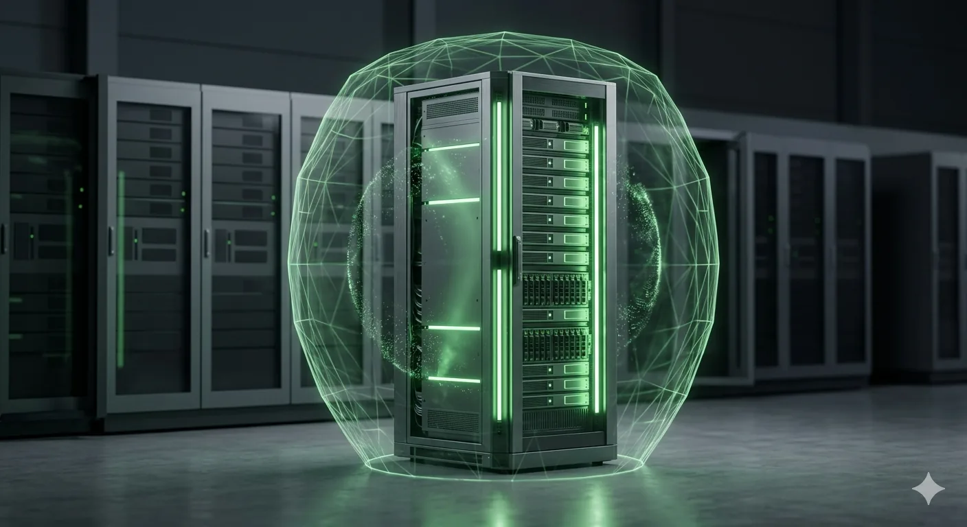 Illustration eines lokalen Servers mit einer symbolischen Schutzhülle.