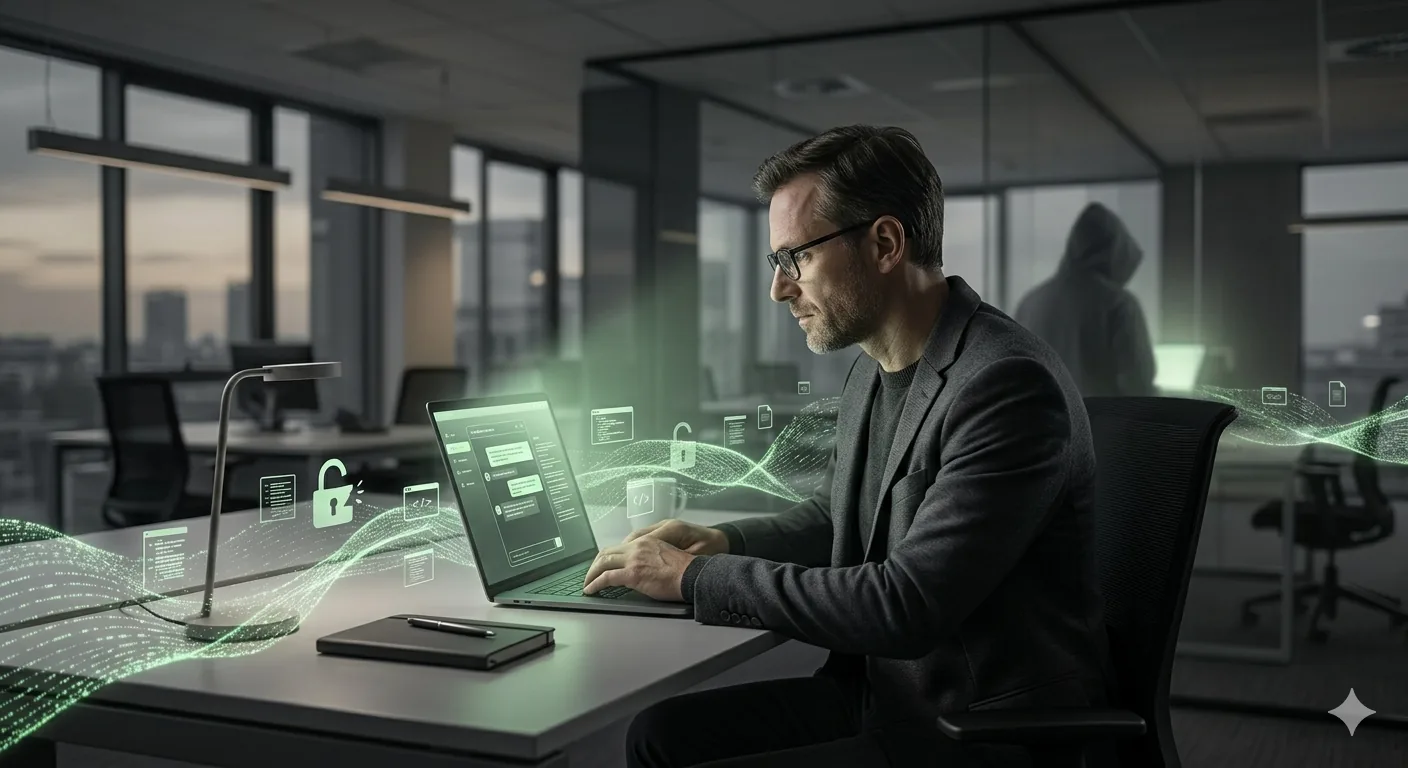 Illustration eines Mitarbeiters, der eine KI-Anwendung am Arbeitsplatz nutzt.
