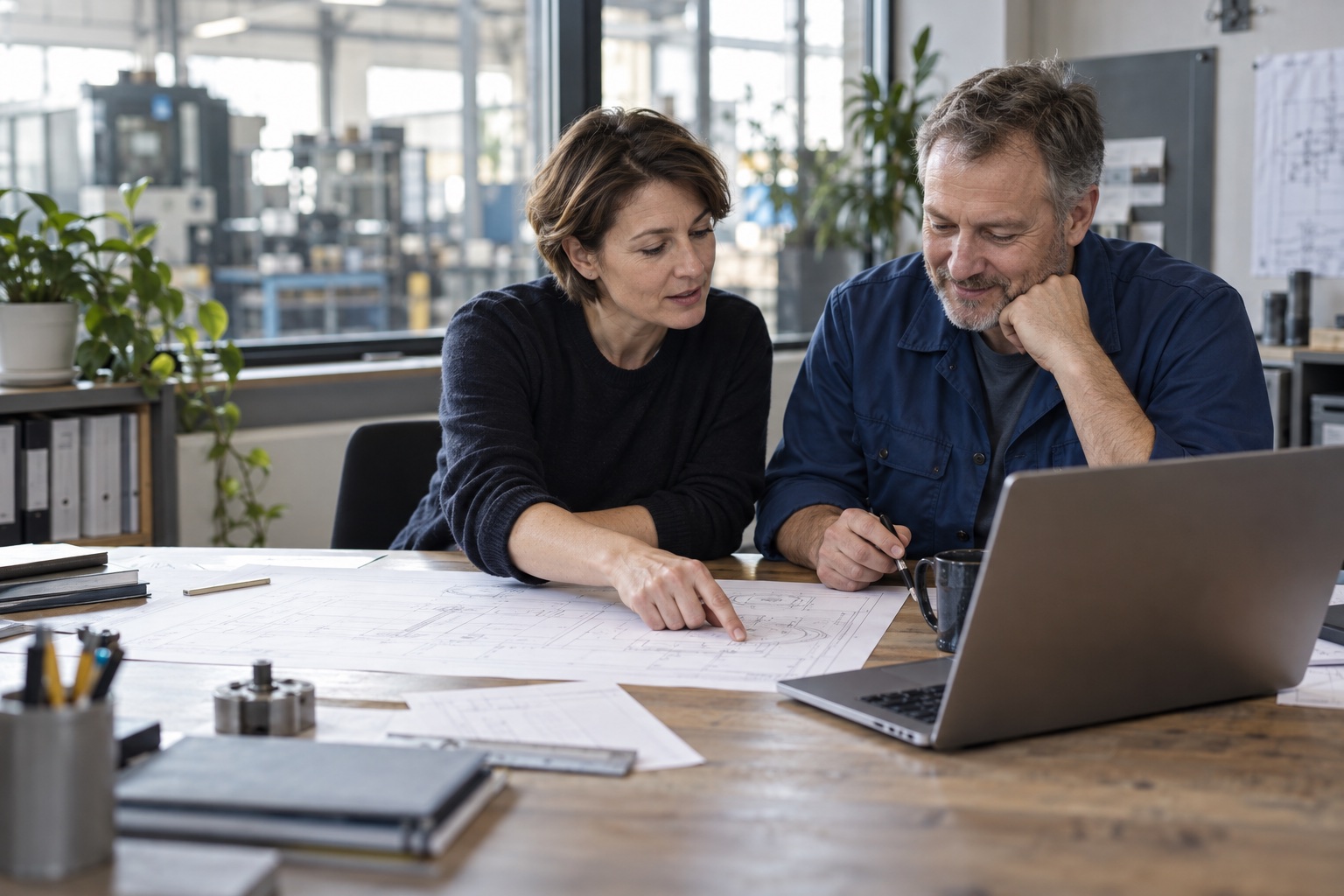 Illustrative Arbeitsszene: Zwei Fachkräfte klären gemeinsam einen technischen Plan am Schreibtisch.